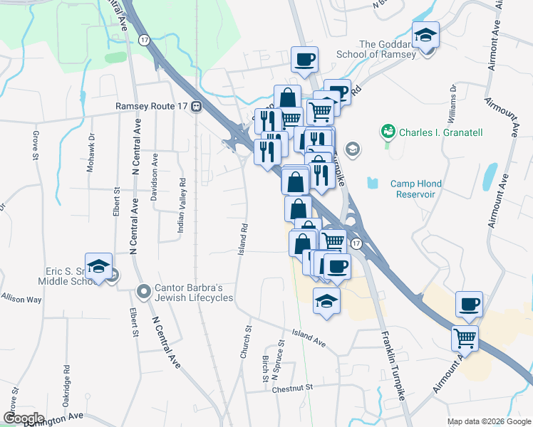 map of restaurants, bars, coffee shops, grocery stores, and more near 1 Regency Park in Ramsey