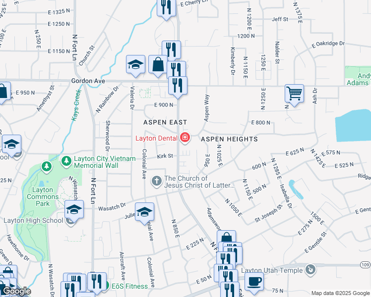 map of restaurants, bars, coffee shops, grocery stores, and more near 704 North Fairfield Road in Layton