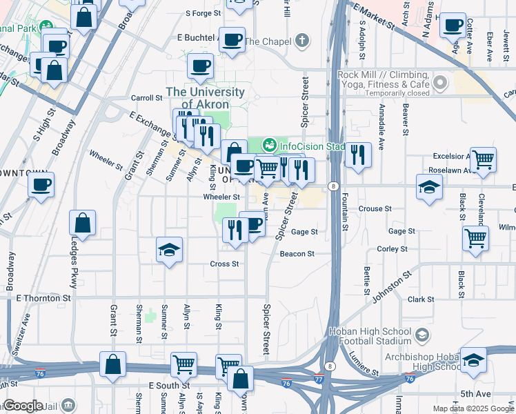 map of restaurants, bars, coffee shops, grocery stores, and more near 403 Crouse Street in Akron
