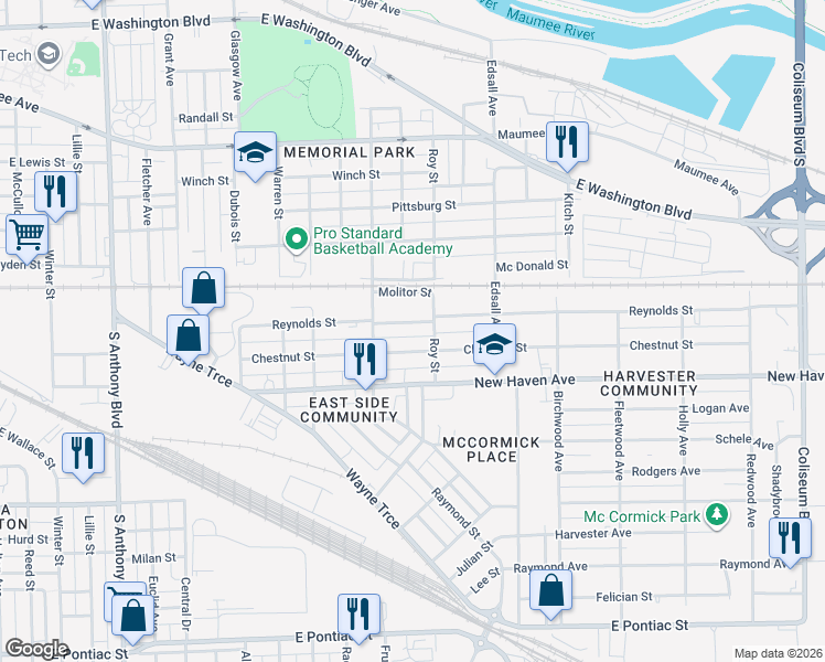 map of restaurants, bars, coffee shops, grocery stores, and more near 2714 Reynolds Street in Fort Wayne