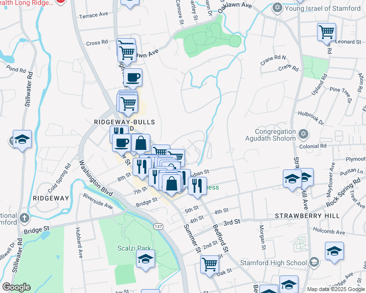map of restaurants, bars, coffee shops, grocery stores, and more near 2435 Bedford Street in Stamford