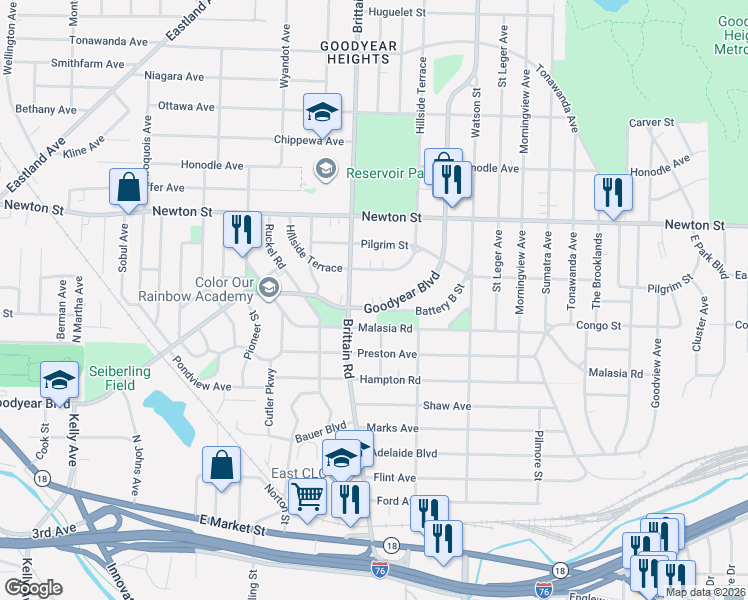 map of restaurants, bars, coffee shops, grocery stores, and more near 1577 Goodyear Boulevard in Akron