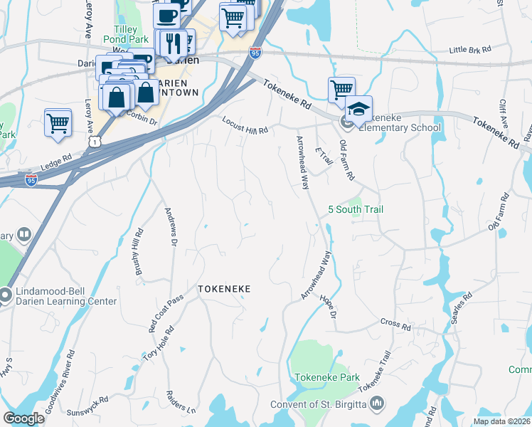 map of restaurants, bars, coffee shops, grocery stores, and more near 12 Settlers Trail in Darien