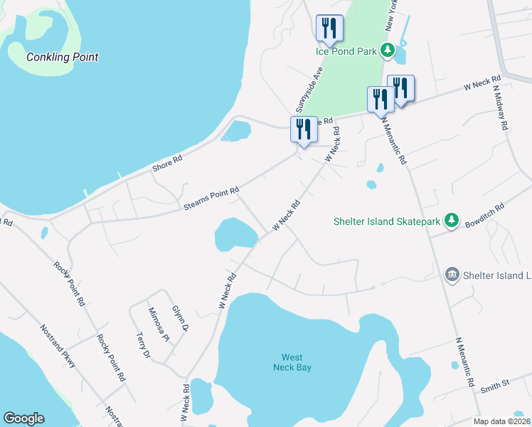 map of restaurants, bars, coffee shops, grocery stores, and more near 6 Behringer Lane in Shelter Island