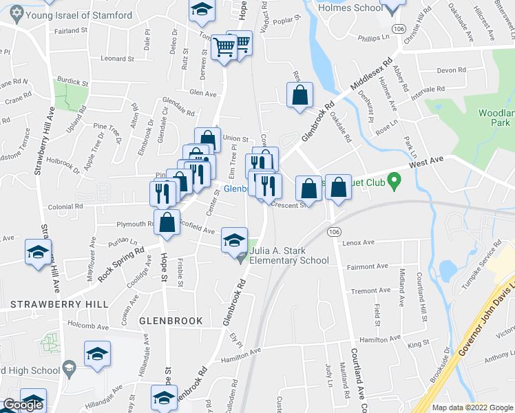 map of restaurants, bars, coffee shops, grocery stores, and more near in Stamford
