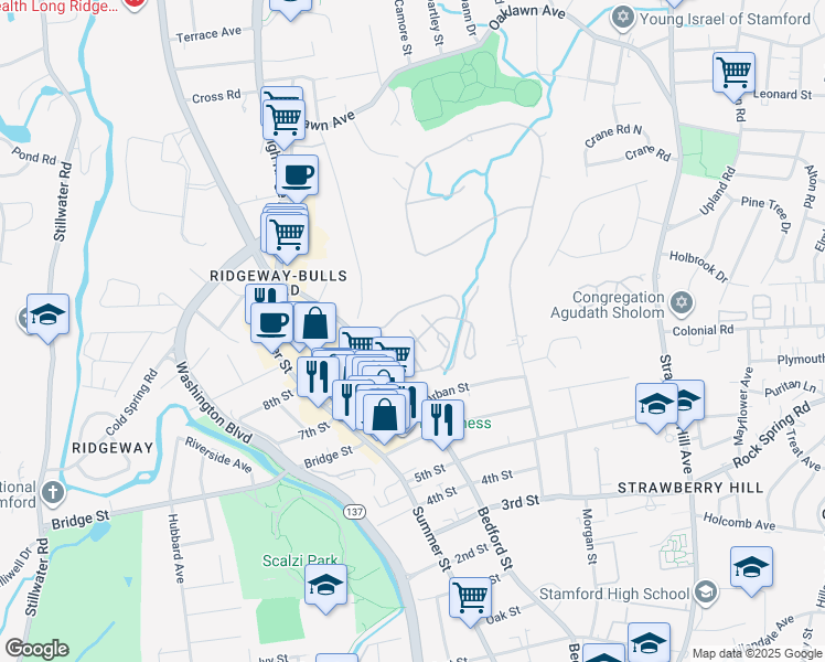 map of restaurants, bars, coffee shops, grocery stores, and more near 2435 Bedford Street in Stamford