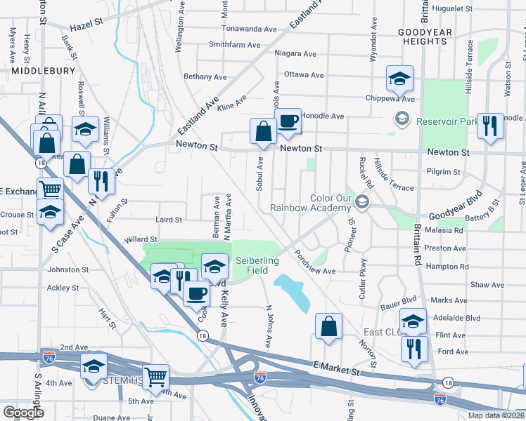 map of restaurants, bars, coffee shops, grocery stores, and more near 1256 Pondview Avenue in Akron