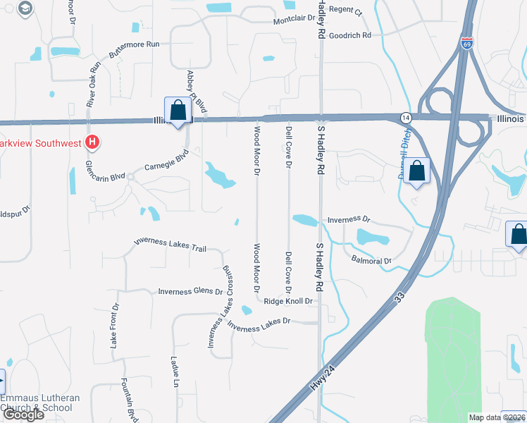 map of restaurants, bars, coffee shops, grocery stores, and more near 1600 Wood Moor Drive in Fort Wayne