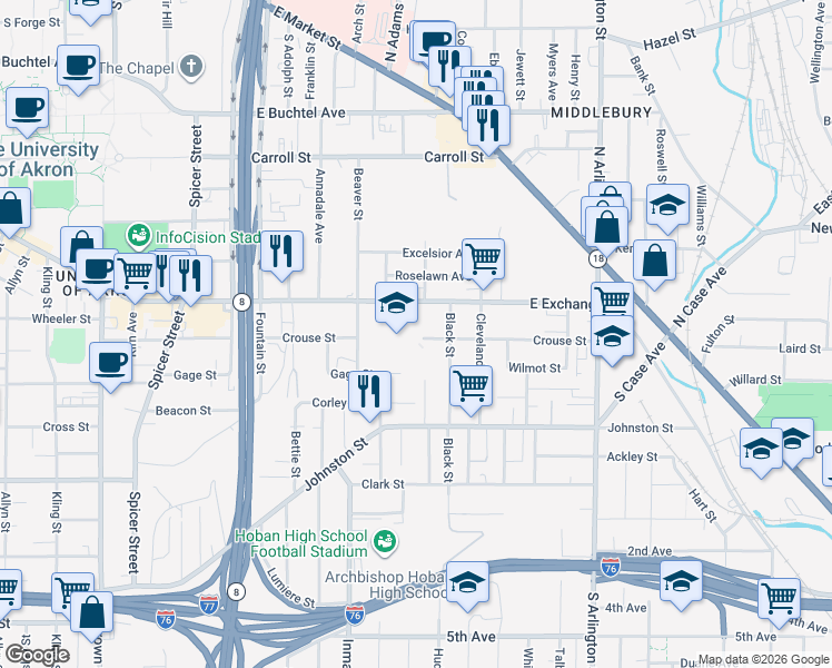map of restaurants, bars, coffee shops, grocery stores, and more near 700 East Exchange Street in Akron