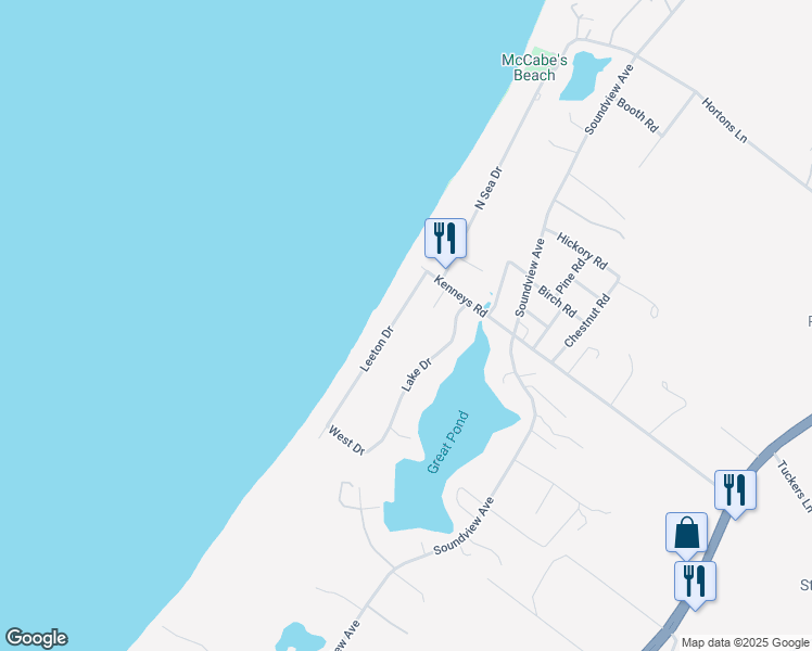 map of restaurants, bars, coffee shops, grocery stores, and more near 705 Leeton Drive in Southold