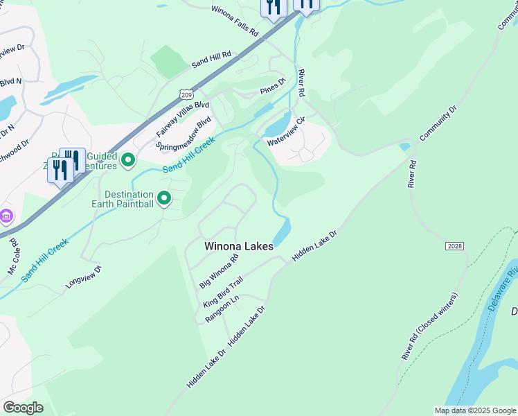 map of restaurants, bars, coffee shops, grocery stores, and more near 2078 Big Winona Road in East Stroudsburg