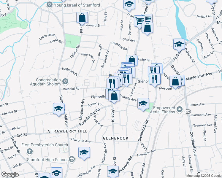 map of restaurants, bars, coffee shops, grocery stores, and more near 44 Colonial Road in Stamford