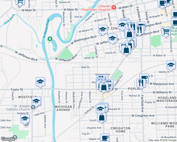 map of restaurants, bars, coffee shops, grocery stores, and more near 1714 Nelson Street in Fort Wayne