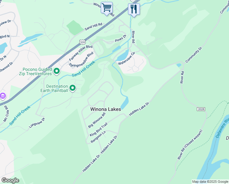 map of restaurants, bars, coffee shops, grocery stores, and more near 2078 Big Winona Road in East Stroudsburg