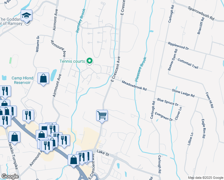 map of restaurants, bars, coffee shops, grocery stores, and more near 14 Brookfield Lane in Ramsey