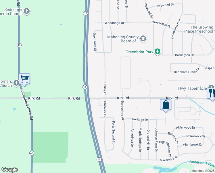 map of restaurants, bars, coffee shops, grocery stores, and more near 2925 Penny Lane in Youngstown