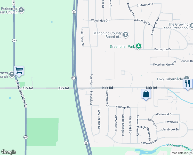 map of restaurants, bars, coffee shops, grocery stores, and more near 2925 Penny Lane in Youngstown