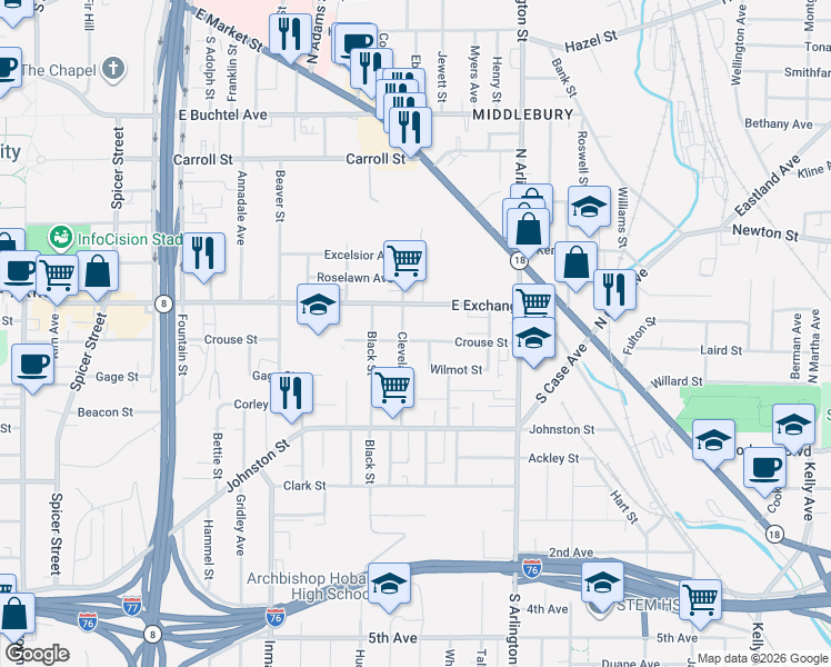 map of restaurants, bars, coffee shops, grocery stores, and more near 313 Cleveland Street in Akron