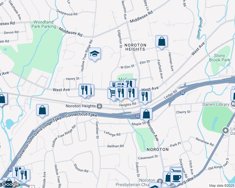 map of restaurants, bars, coffee shops, grocery stores, and more near 148 Heights Road in Darien