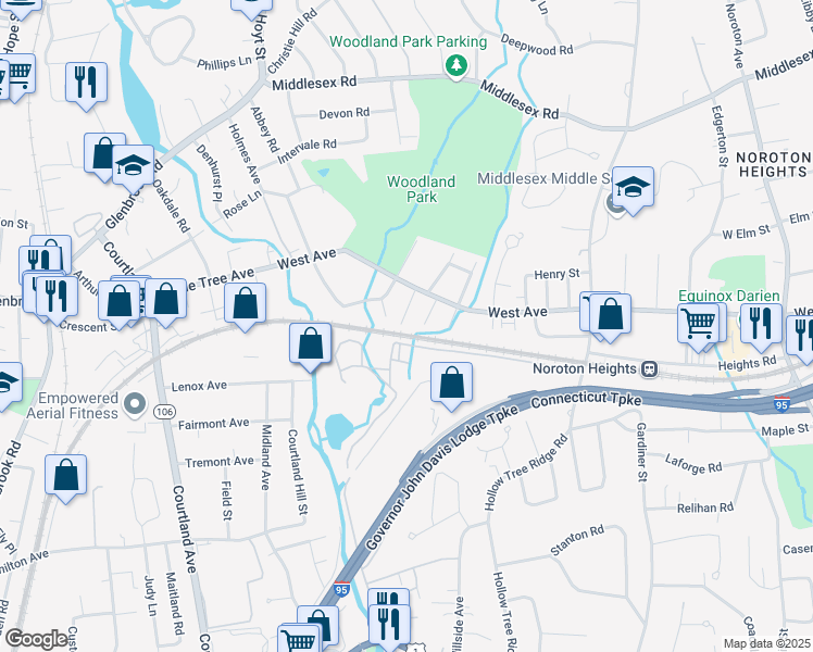 map of restaurants, bars, coffee shops, grocery stores, and more near 12 Catherine Street in Darien