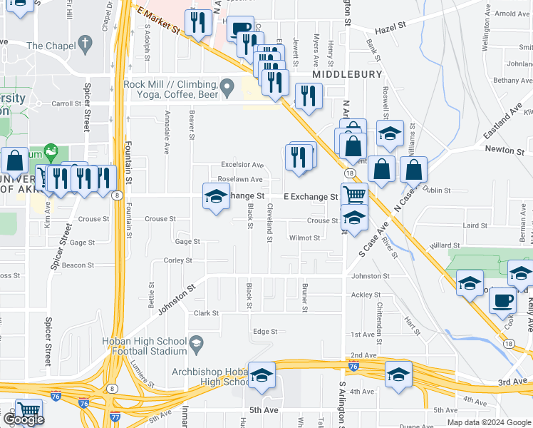 map of restaurants, bars, coffee shops, grocery stores, and more near 300 Cleveland Street in Akron