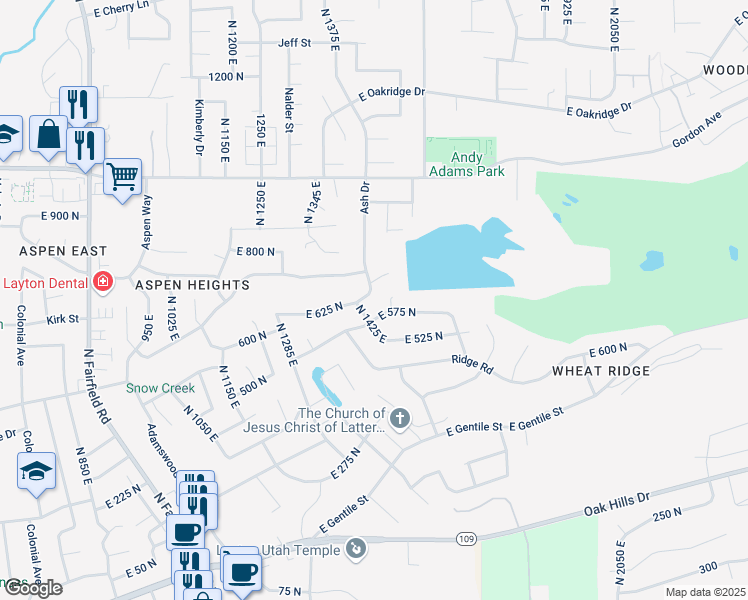 map of restaurants, bars, coffee shops, grocery stores, and more near 1479 East 575 North in Layton