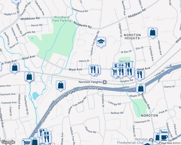 map of restaurants, bars, coffee shops, grocery stores, and more near 166 Hollow Tree Ridge Road in Darien