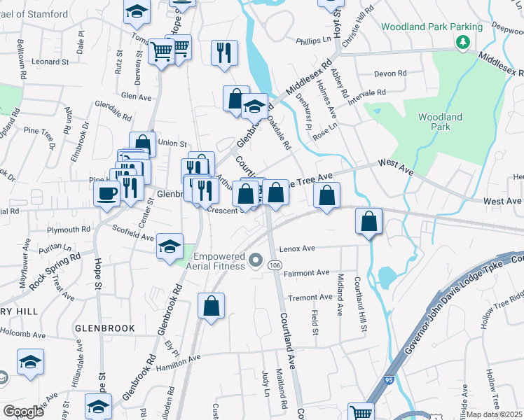 map of restaurants, bars, coffee shops, grocery stores, and more near 336 Courtland Avenue in Stamford
