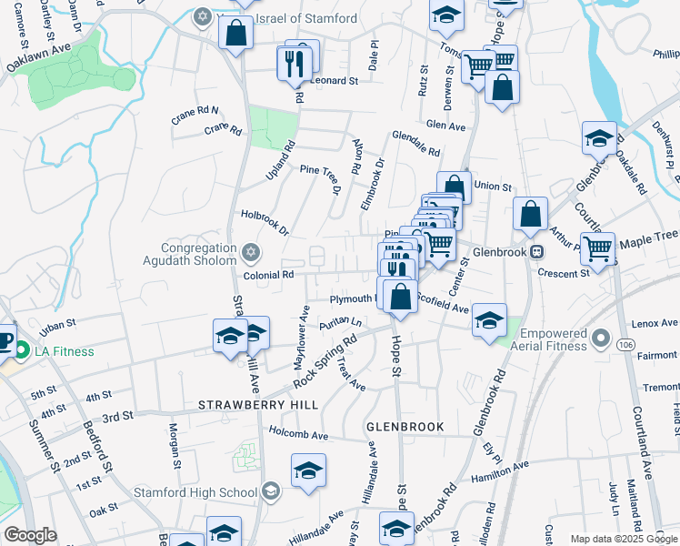 map of restaurants, bars, coffee shops, grocery stores, and more near 112 Colonial Road in Stamford