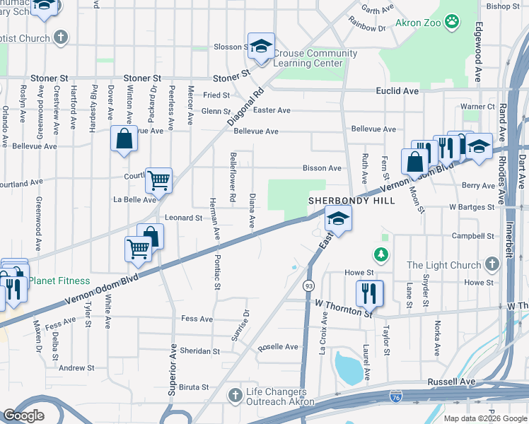 map of restaurants, bars, coffee shops, grocery stores, and more near 1007 Diana Avenue in Akron