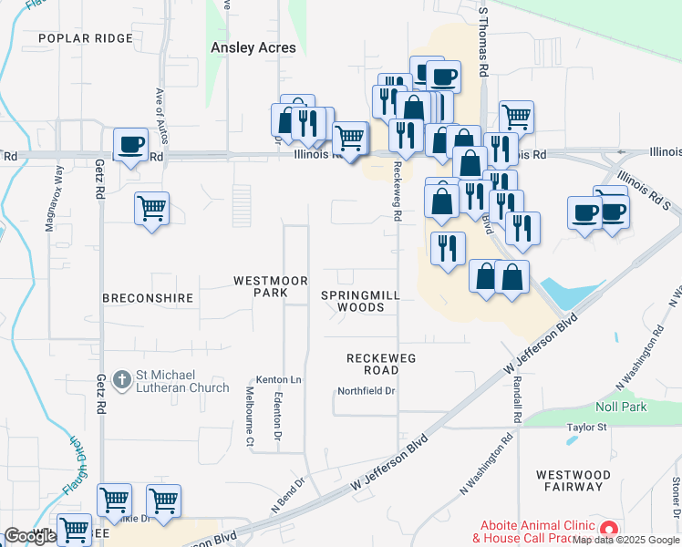map of restaurants, bars, coffee shops, grocery stores, and more near in Fort Wayne