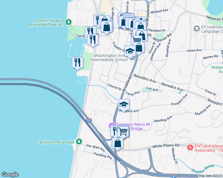 map of restaurants, bars, coffee shops, grocery stores, and more near 36 Church Street in Tarrytown