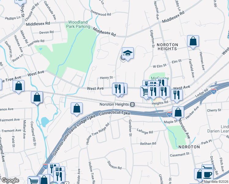 map of restaurants, bars, coffee shops, grocery stores, and more near 166 Hollow Tree Ridge Road in Darien