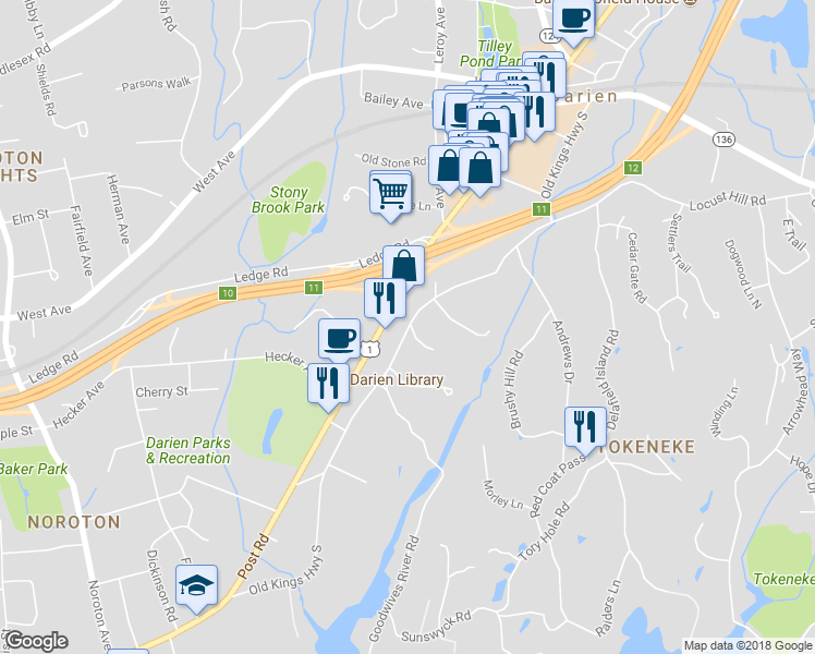 map of restaurants, bars, coffee shops, grocery stores, and more near 111 Old Kings Highway South in Darien