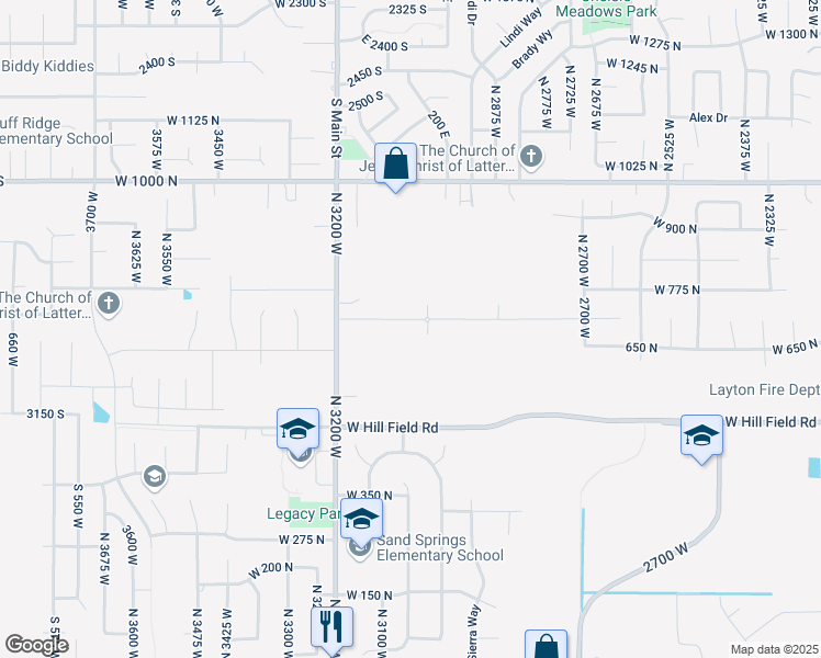 map of restaurants, bars, coffee shops, grocery stores, and more near 3029 West 725 North in Layton