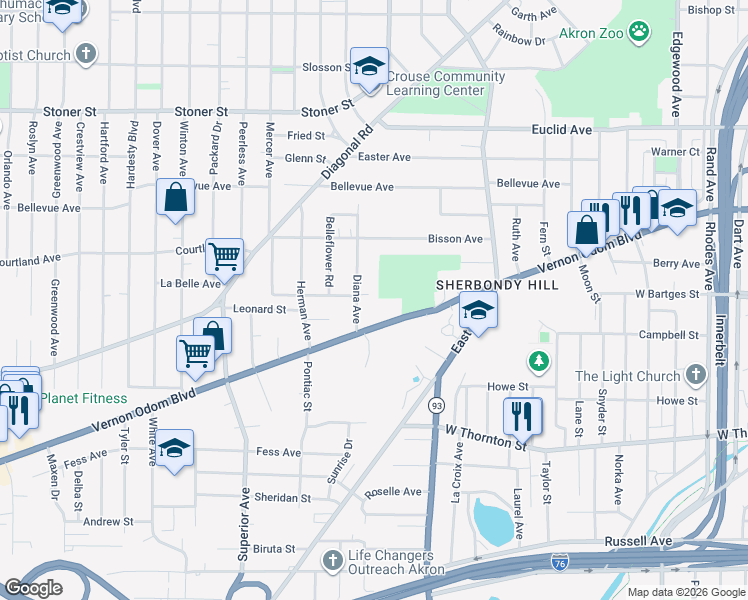 map of restaurants, bars, coffee shops, grocery stores, and more near 1007 Diana Avenue in Akron