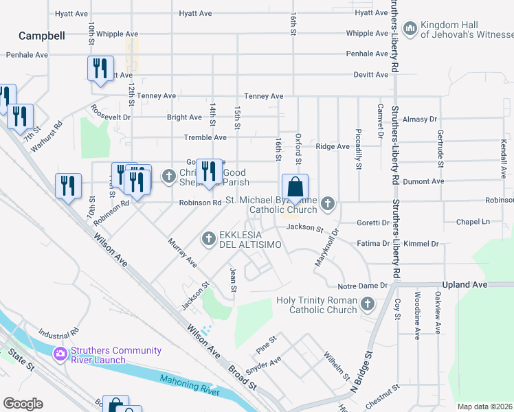 map of restaurants, bars, coffee shops, grocery stores, and more near 26 Chambers Street in Campbell