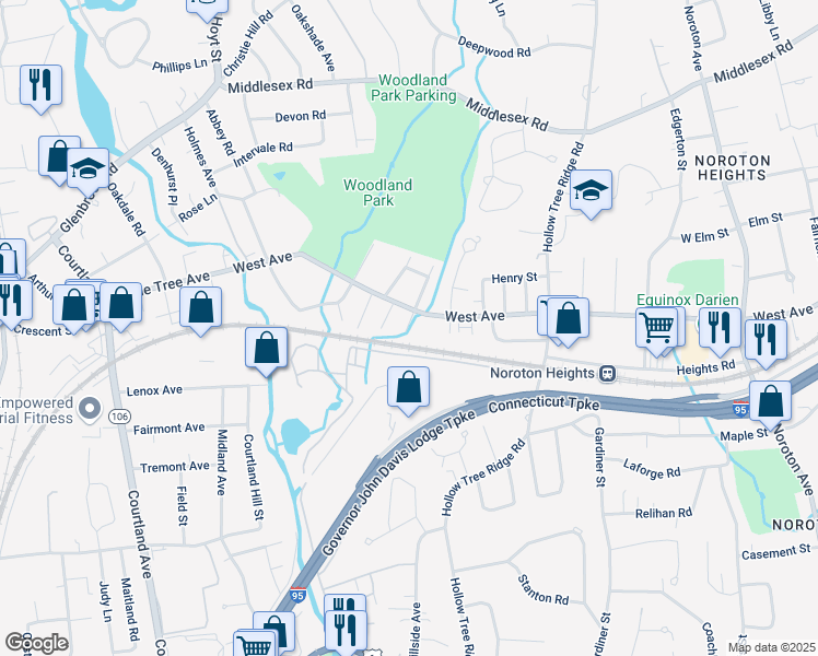 map of restaurants, bars, coffee shops, grocery stores, and more near 7 Kelsey Street in Darien