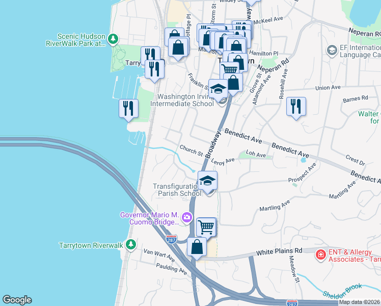 map of restaurants, bars, coffee shops, grocery stores, and more near 30 Church Street in Tarrytown