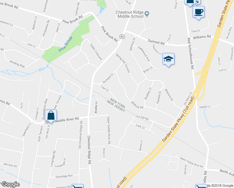 map of restaurants, bars, coffee shops, grocery stores, and more near 15 Capri Drive in Spring Valley