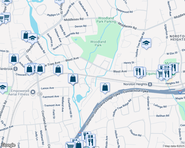 map of restaurants, bars, coffee shops, grocery stores, and more near 13 Catherine Street in Darien