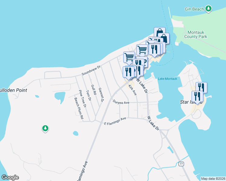 map of restaurants, bars, coffee shops, grocery stores, and more near 322 Flamingo Avenue in Montauk