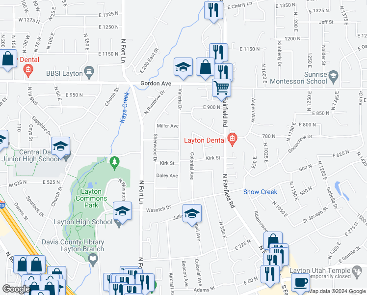 map of restaurants, bars, coffee shops, grocery stores, and more near 710 Valeria Drive in Layton