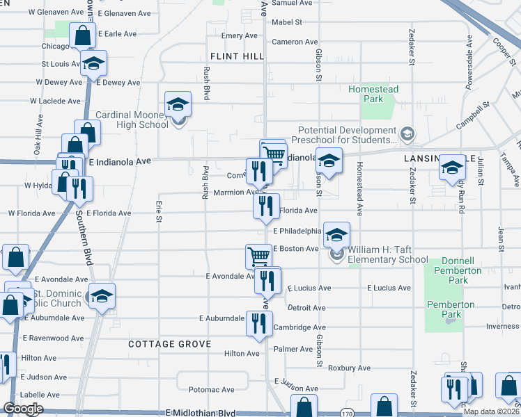 map of restaurants, bars, coffee shops, grocery stores, and more near 2901 South Avenue in Youngstown