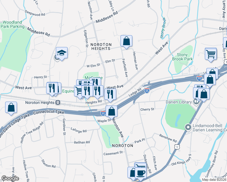 map of restaurants, bars, coffee shops, grocery stores, and more near 229 West Avenue in Darien