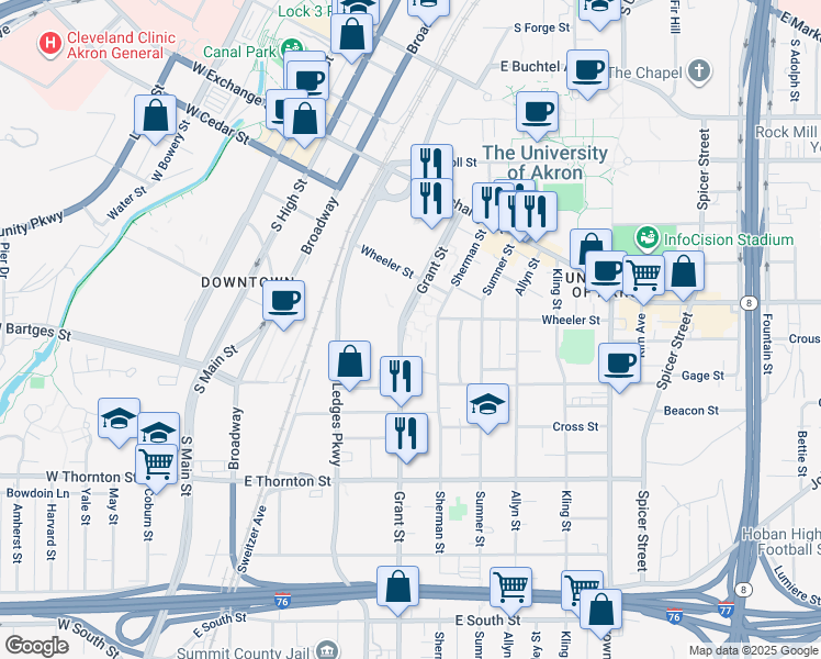 map of restaurants, bars, coffee shops, grocery stores, and more near 471 Grant Street in Akron