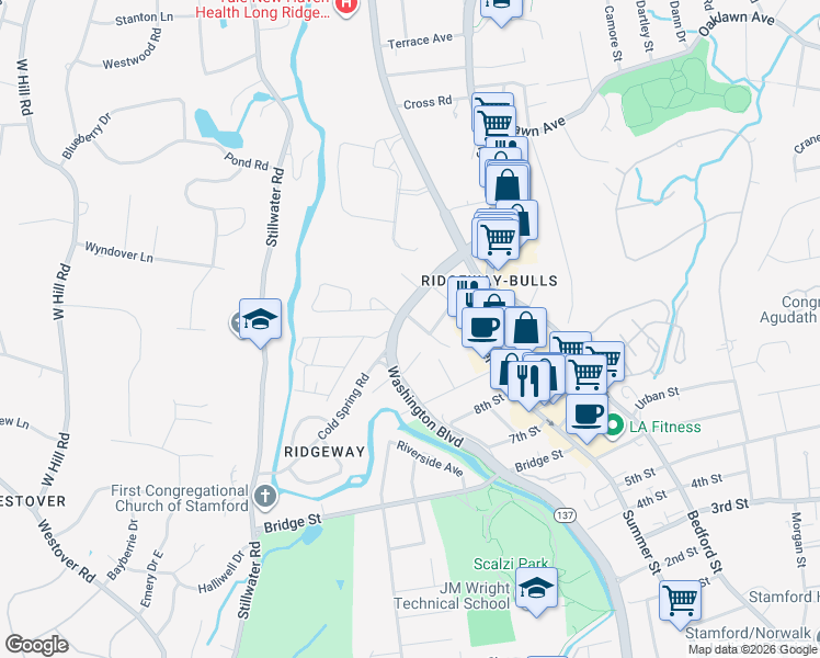 map of restaurants, bars, coffee shops, grocery stores, and more near 96 Cold Spring Road in Stamford