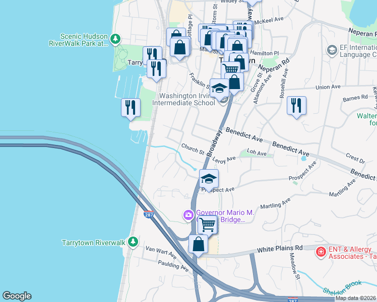 map of restaurants, bars, coffee shops, grocery stores, and more near 36 Church Street in Tarrytown