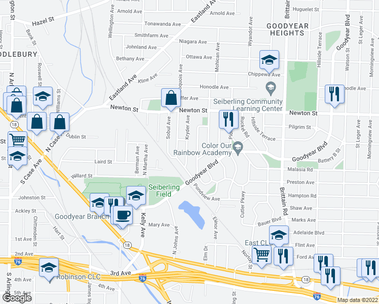 map of restaurants, bars, coffee shops, grocery stores, and more near 263 Bowmanville Street in Akron