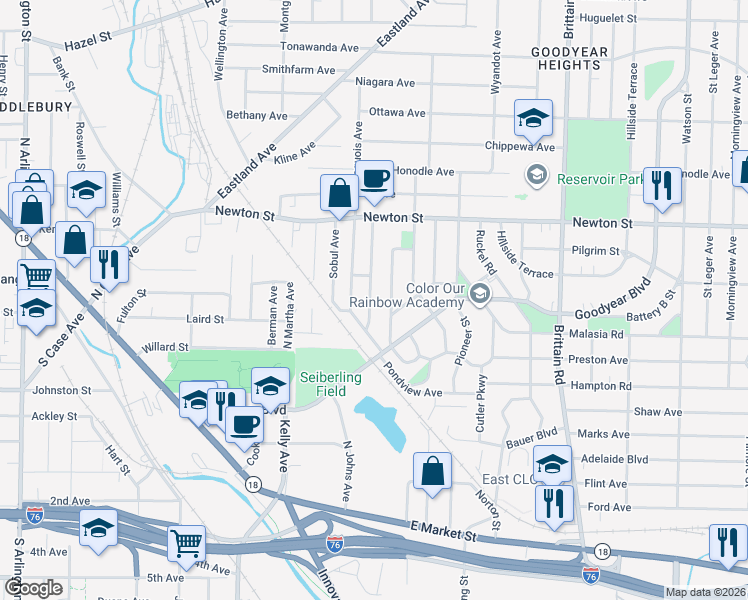 map of restaurants, bars, coffee shops, grocery stores, and more near 223 Kryder Avenue in Akron